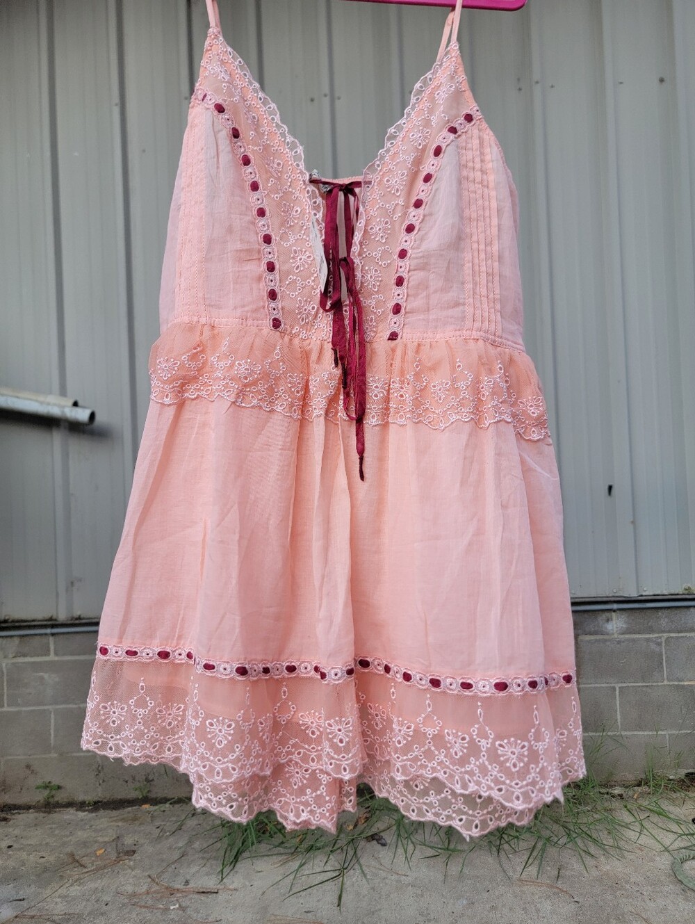 Free People Peach Pink Eyelet Cotton Romper with Maroon Tie NWT